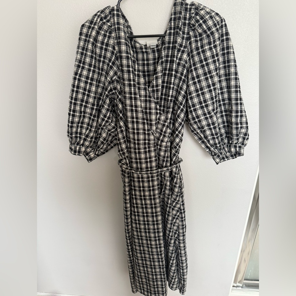 a new day Black and White Checkered Long Sleeve Puff Sleeve Dress Fall Wrap XL